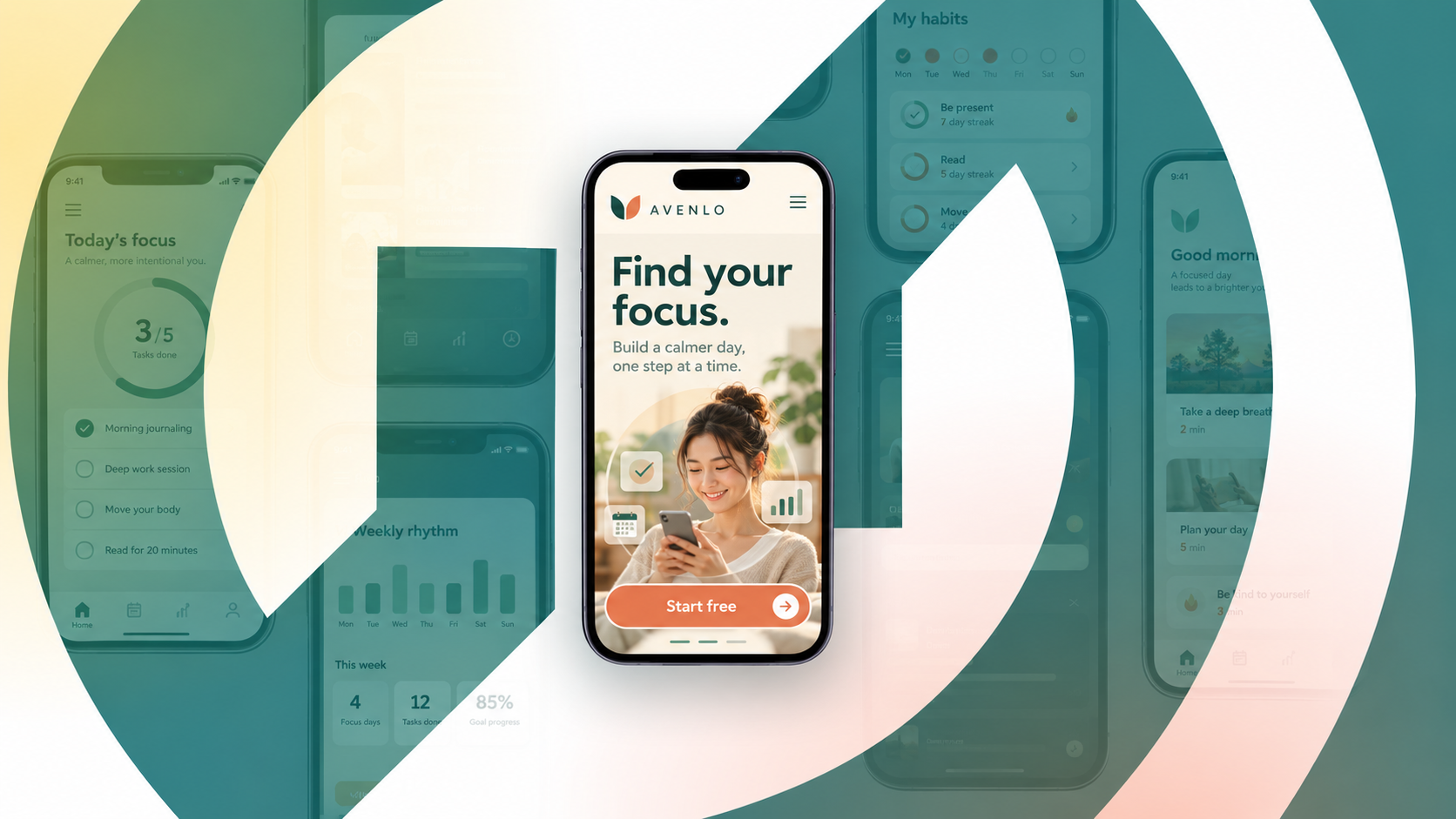 Avenlo concept landing page and focus dashboard